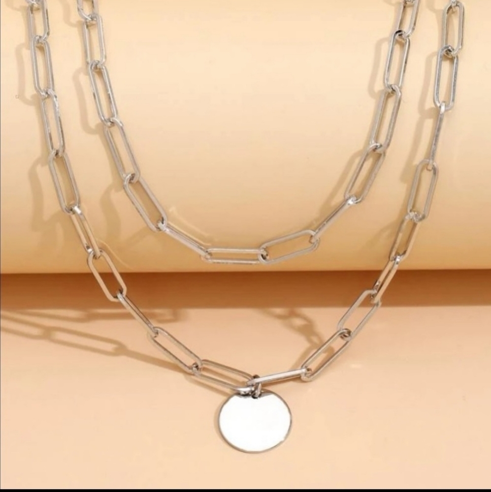 Paperclip Chain Link Coin Pendant Silver Necklace - Picture 3 of 3